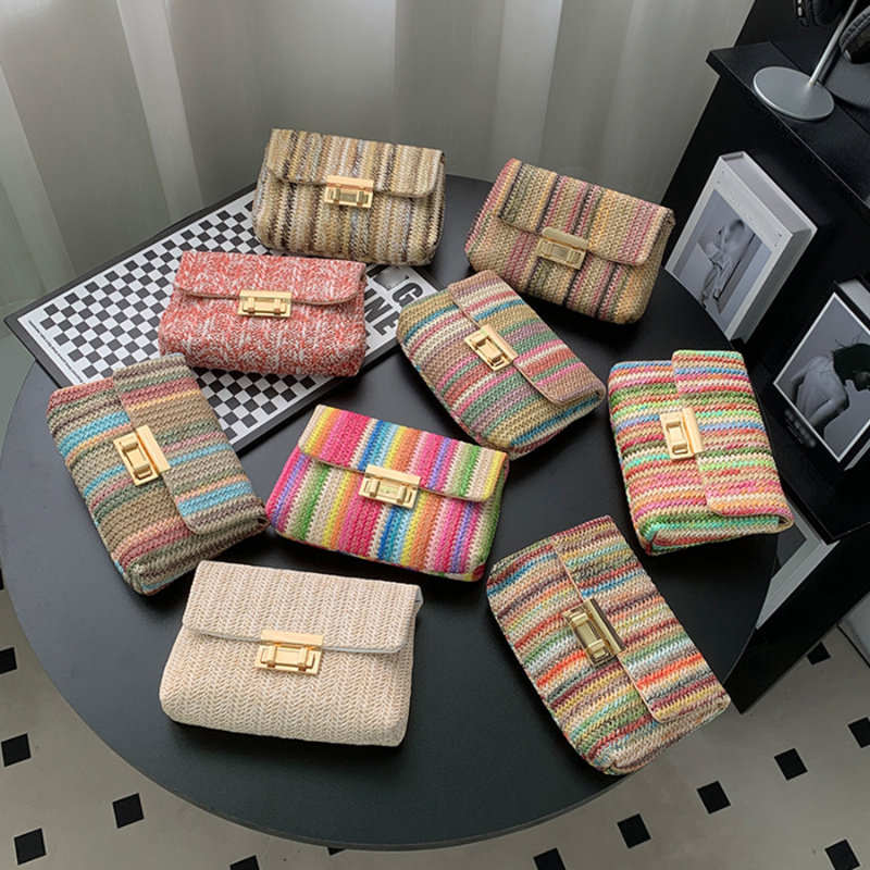 Women Bags Polene - Kadın Yaz Plaj Gökkuşağı Şerit Dokuma