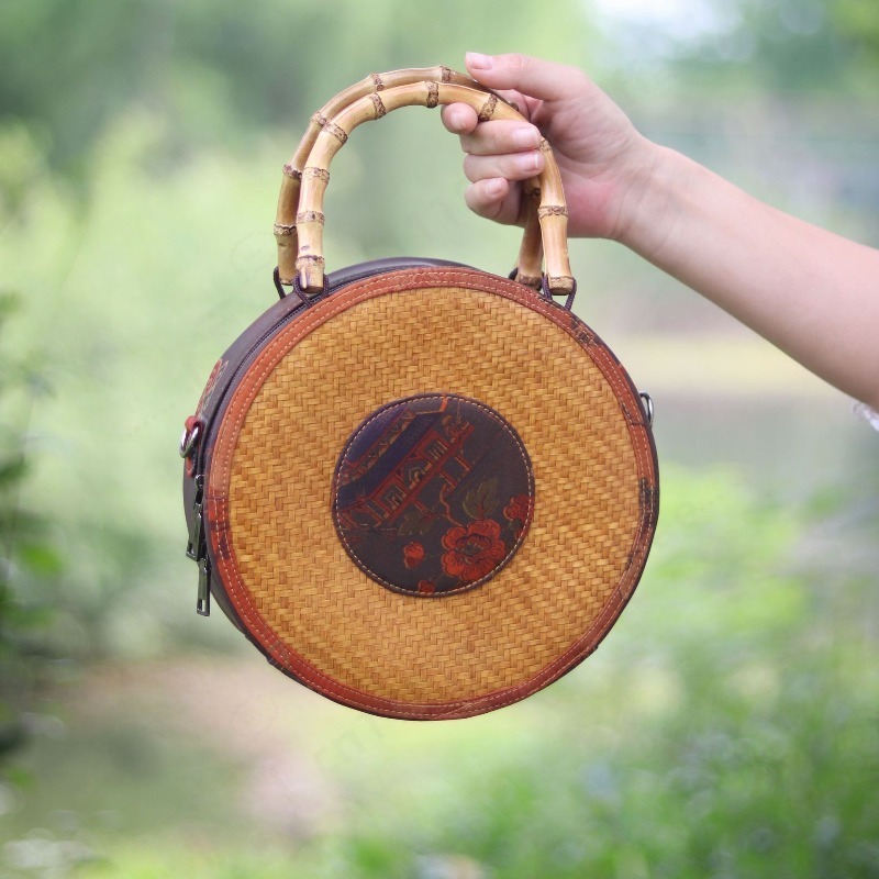 Women Bags Purses - Yuvarlak Bambu Dokuma Xiangyun Kumaş Crossbody